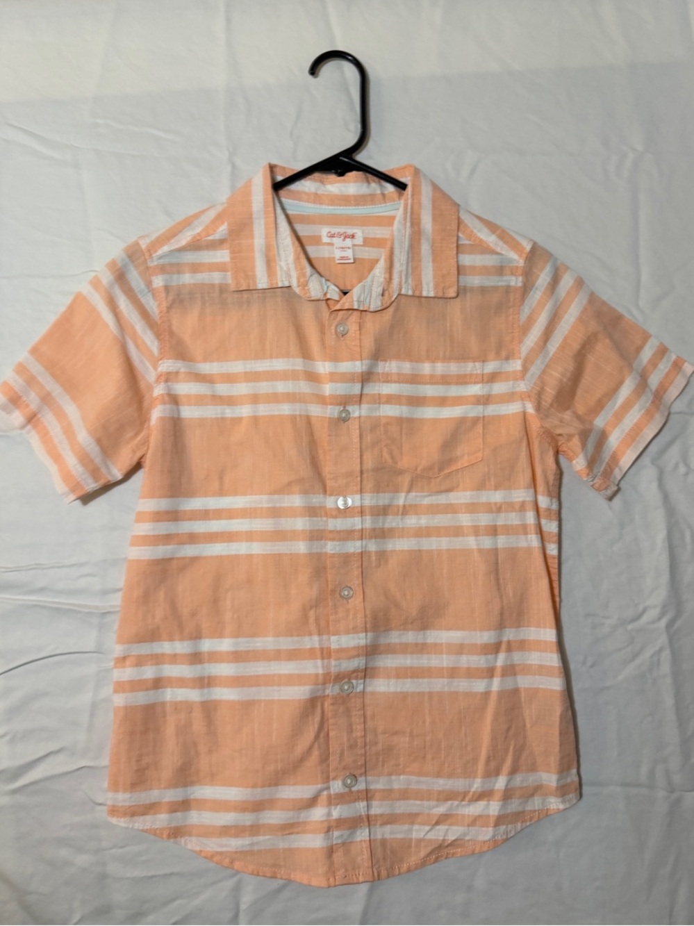 Cat & Jack Size L 10/12 Boys Short Sleeve Stripe Button-Up Shirt - Peach/White